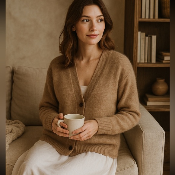 Jenni Kayne Alpaca Wool Cardigan Sweater Brown V Neck Button Front Size Large - Picture 1 of 5